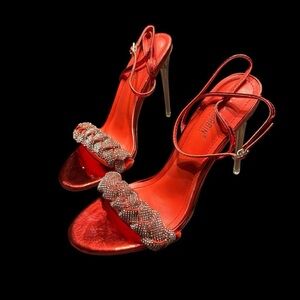 Elegant Red Strappy Heels with Rhinestone Detailing